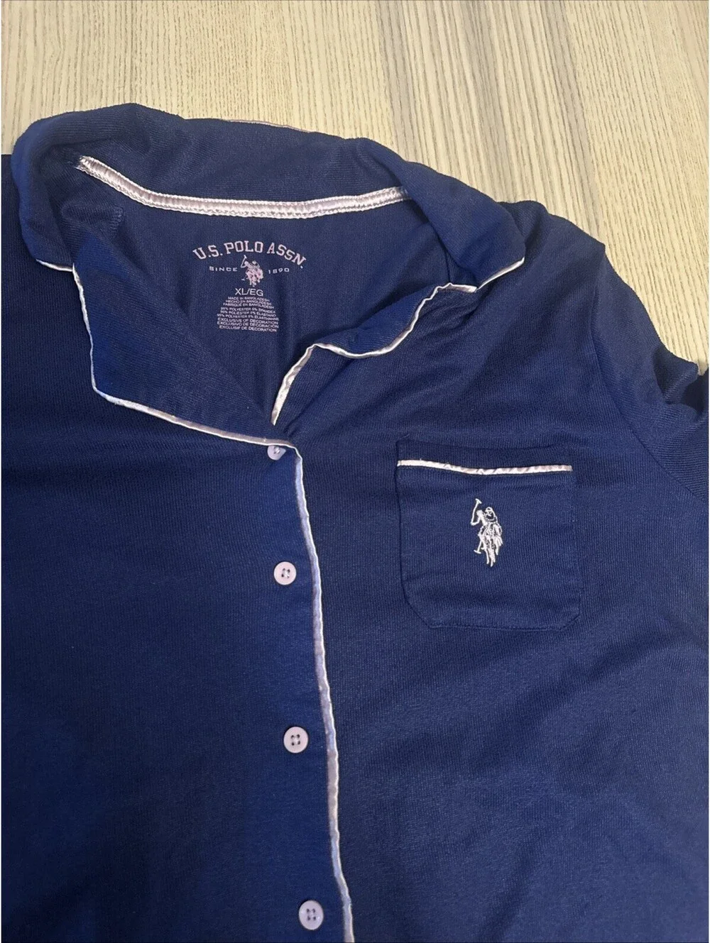 US Polo Assn Women’s Pajama Set Navy Blue Pink Piping Button Up Long Sleeve